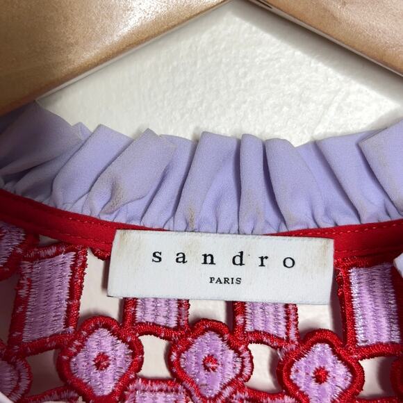 SANDRO Anaele Crochet Lace Ruffle Dress Red Purple {FF27} - Picture 6 of 8